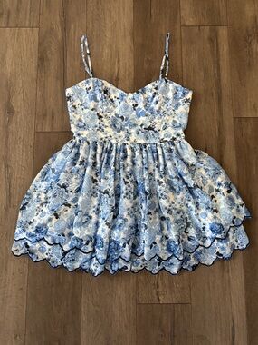 Blue Floral Scalloped Hem Mini dress